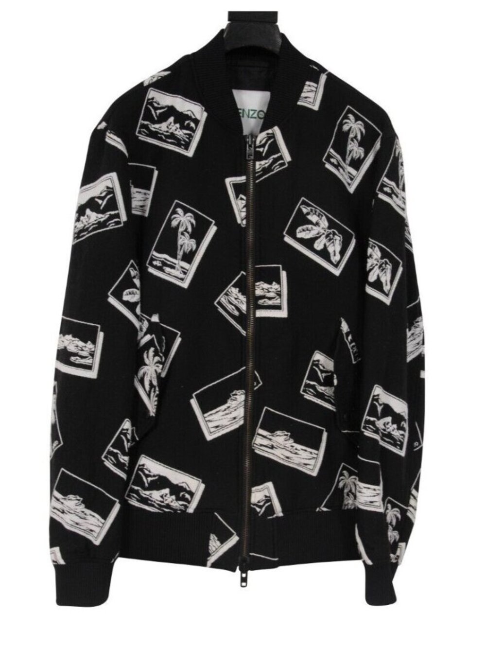 Kenzo  Logo Bomber Jacket Small Palm Tree Mountain Double Zipper White Black